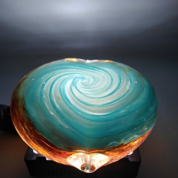 Hand Blown Glass Heart Paperweight Multi Color Swirl Glitter Spiral Center Heavy - Picture 1 of 11